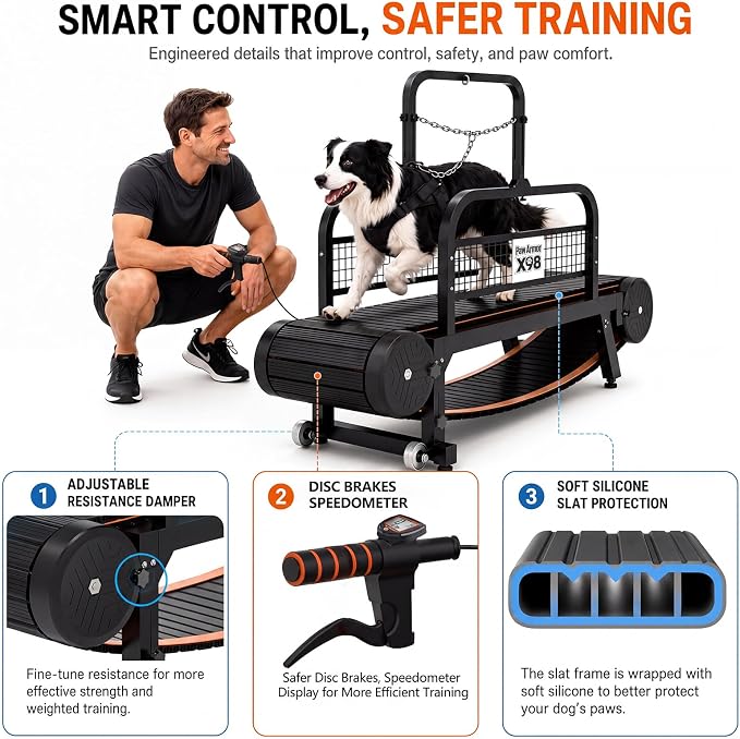 PawArmor Curved Dog Treadmill with Silicone Slats and Disc Brakes | Waterproof dirt-resistant track, adjustable incline, quiet aluminum hubs for indoor or...