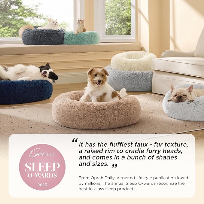 Bedsure Calming Small Dog Bed Donut Washable Cat＆Puppy Bed,23 inches Camel | Oprah Daily Award,Fluffy Faux Fur Round Cuddler,Anti-Slip Bottom,Anti-Anxiety...