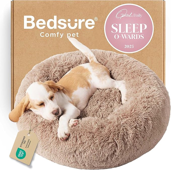 Bedsure Calming Small Dog Bed Donut Washable Cat＆Puppy Bed,23 inches Camel | Oprah Daily Award,Fluffy Faux Fur Round Cuddler,Anti-Slip Bottom,Anti-Anxiety...